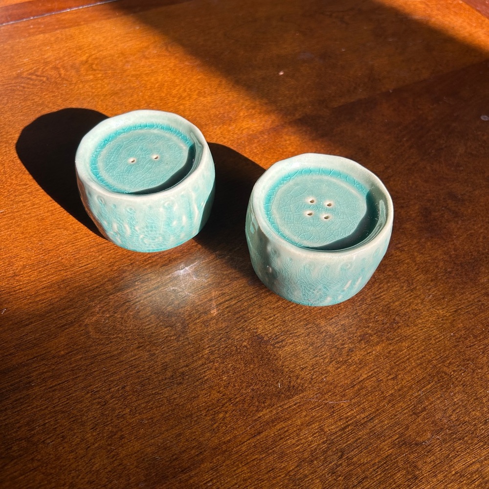Anthropologie turquoise glazed stoneware salt and pepper shakers
